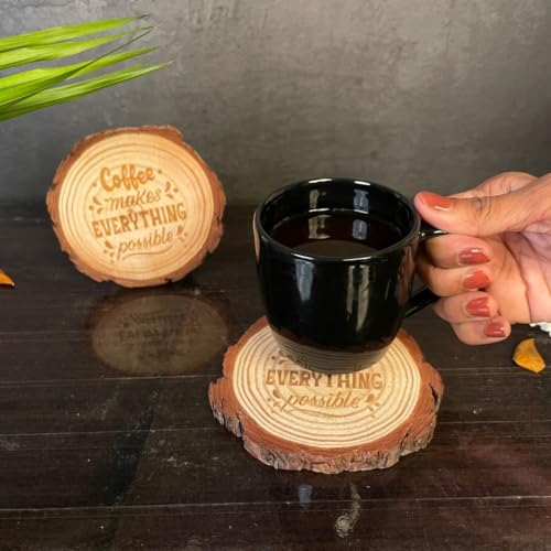 Image of Giftana Wooden Coaster Set with Engraved Quote - inchCoffee Makes Everything Possible inch Round Coasters for Home & Office, Eco-Friendly, Non-Slip Drink for Dinning Table, 4 Inches Diameter- Set of 2