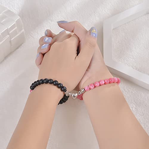 2Pcs Attract Magnetic Couple Bracelets For Women Men, Distance Matching Relationship 8Mm Beads Couples Friendship Bracelet Jewelry Sets For Him And Her (Red Howlite & Black Matte Heart Bracelet) #TOP3