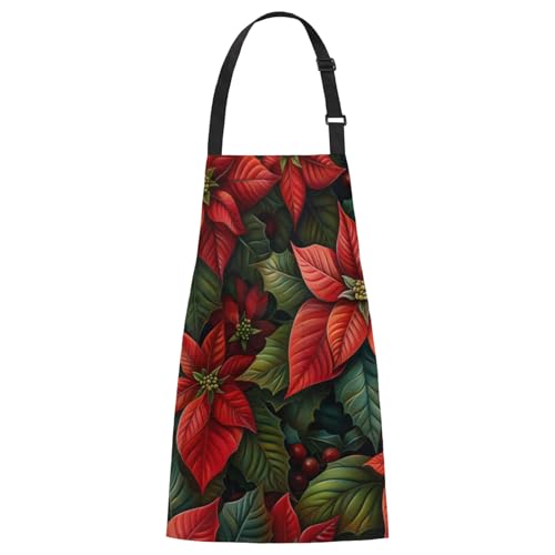 Aglebo Flower Leaf Christmas Chef Apron with Pockets Adjustable Shoulder Strap Waterproof Cooking Apron for Kitchen Baking Gardening Pottery Painting