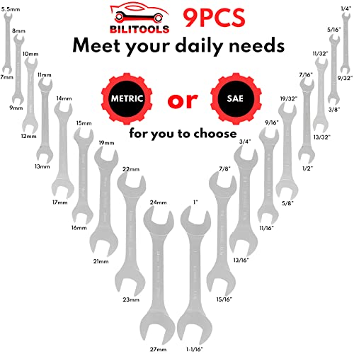 Bilitools Super Thin Open End Wrench Set, 9 Piece Sae 1/4 To 1-1/16 Inch, Cr-V Steel, Hrc 40-45 #TOP1