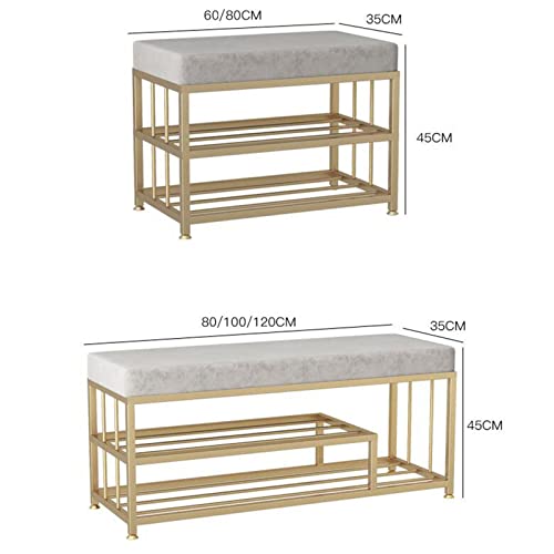 Banc à chaussures en velours vert 100x35x45cm avec cadre en métal doré pour entrée