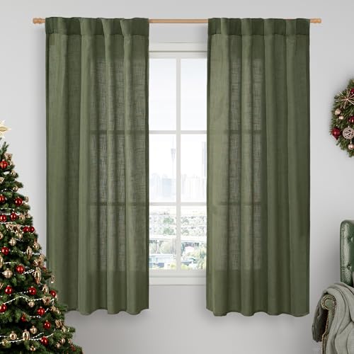 LAMIT Olive Green Semi Sheer Linen Curtains, Light Filtering Panels Back Tab and Rod Pocket Christmas Decor Drapes for Bedroom/Living Room, 2 Panels, 34 x 63 Inch