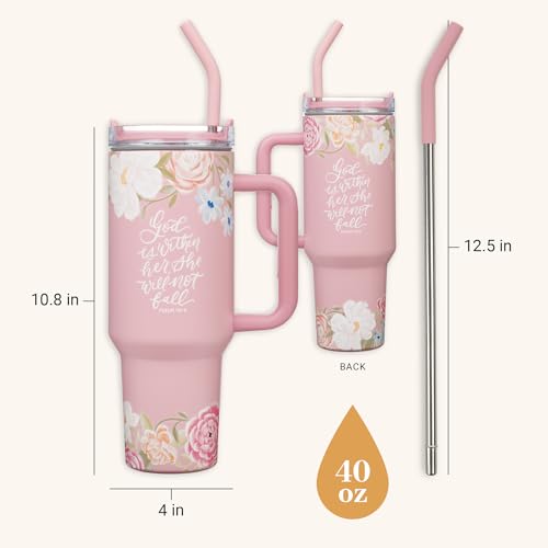 Image of Christian Art Gifts XL Stainless Steel Double-Wall Insulated Womens Travel Mug Tumbler Thermos: God is Within Her Inspirational Scripture, Reusable Straw, Twist-Dial Lid, Pink Multicolor Floral, 40 oz