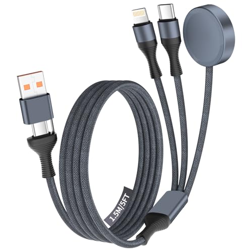 Travel Essentials,3 in 2 USB C Cable for Apple Watch Charger/iPhone 17 Charger/Lightning Cable Designed for iWatch Chargers, Multi Charging Cable Compatible with iPhone 17-11/iWatch 11-1/ultra/se 5FT