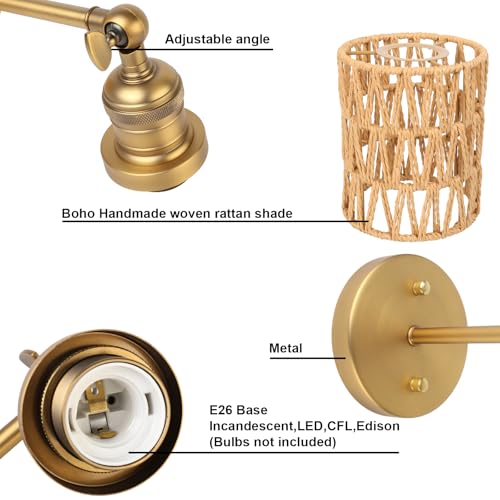 Image of Yosoan Rattan Boho Wrapped Wall Sconce Light, Indoor Hardwired Hand-Woven Farmhouse Vintage Wall Lamps, Brass Handmade Braided Rope Small Straight Shade Wall Mount Fixture for Reading Hallway(Antique)