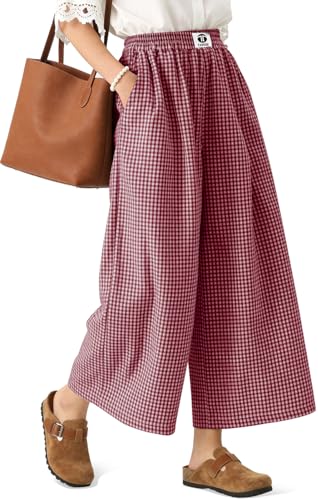 Image of TARSE Women Wide Leg Capri Pants Loose Gingham Plaid Culottes Summer Elastic Waist Palazzo Trousers Bottoms with Pockets