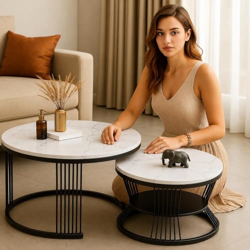 Image of Brown Art SHOPPEE Round Coffee Table Home Decor Furniture Coffee Table Sets,2 Piece MDF Top,Stacking Nesting Table with Iron Frame for Living Room Living Room or Lounge (Black & White)