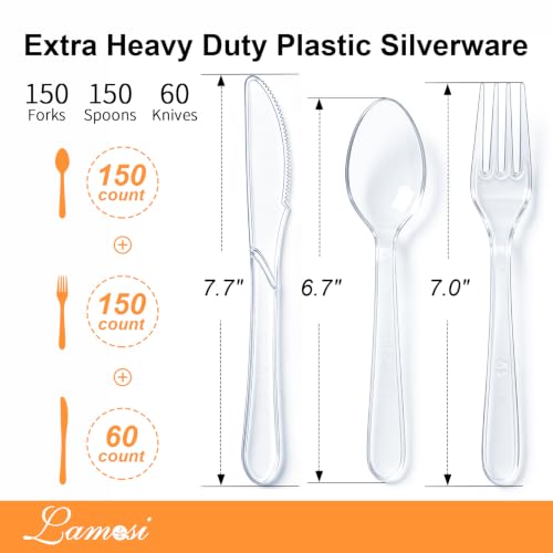 Image of Lamosi 360 Count Extra Heavy Duty Clear Plastic Silverware Set, 150 Forks, 150 Spoons, 60 Knives, Disposable Plastic Utensils Set, BPA-Free, Heat Resistant for Weddings, Parties & Events