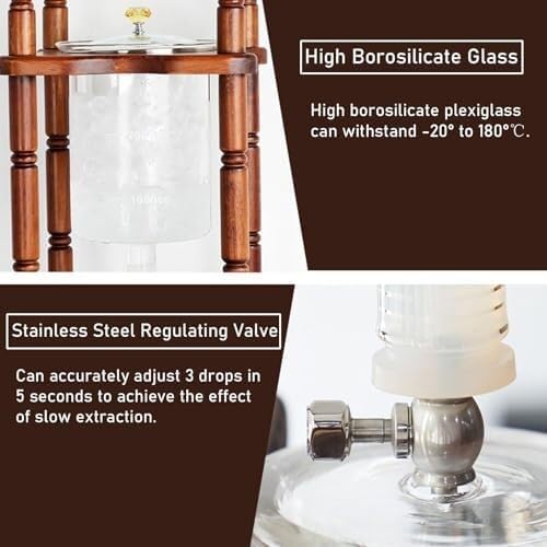 Cold Brew Drip Tower Coffee Maker with Adjustable Water Flow, Slow Drip Iced Coffee Brewer for Home Office, Glass Wood Design