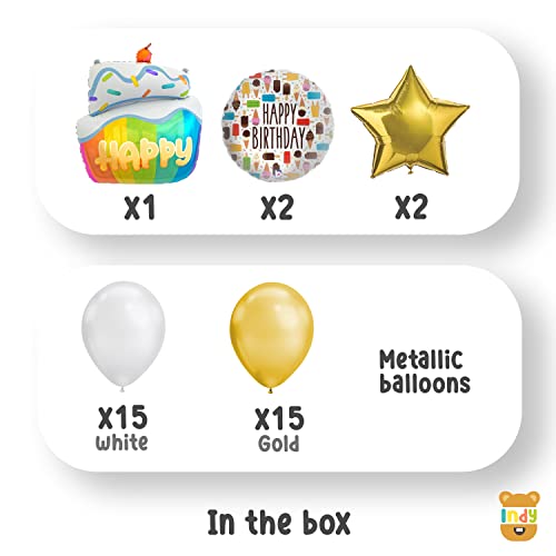 Image of ITAF Set of 35 Pcs Happy Birthday / Baby Welcome / 1st First Birthday Foil Balloons Theme Decoration Kit For Girls ,Boys ,Kids - 1 Happy Birthday Rainbow Cake Foil Balloon , 2 Gold Star Foil Balloons , 2 Printed Happy Birthday Round Foil Balloons , 15 Gold , 15 White Metallic Balloons