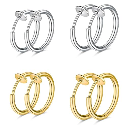 MNYXIS 4 Paires de Boucles d'Oreilles Clip pour Femme et Homme, Fausse Boucle d'Oreille sans trou Anneau en Acier Inoxydable, Clips Oreilles Non Percées,Faux...