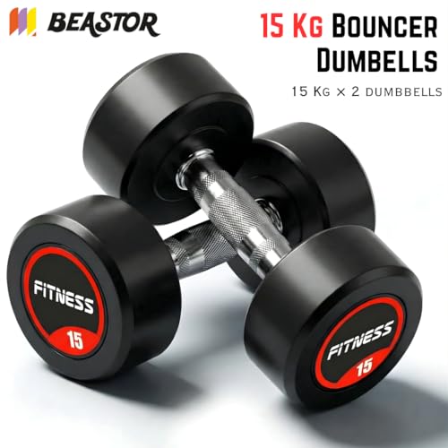 Image of Bouncer Dumbbells pair of 15x2 | Professional Round Dumbbells for Home & Gym | Heavy Duty Rubber Coated Weights for Strength & Fitness Training (Black, 15kg)
