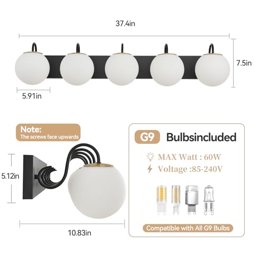 Image of Vintage Matte Black Bathroom Vanity Light Fixtures Over Mirror 5 Lights