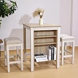 WOODHOMER 3-Piece Wooden Dining Table Set, Kitchen Island with Seating for 2, Kitchen Bar Table with Stools, Counter Height Dining Table Set, Weathered Birch & Antique White, Farmhouse Style