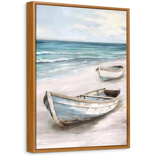 Bleu Bateau Blanc Mer Tableau Encadrée Poster Mural Plage de Sable Peinture Impression sur Toile...