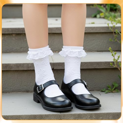 Image of Jspupifip 6 Pairs Lace Ruffle Frilly Crew Socks for Women Girls | Cotton Breathable Cute Princess Ankle Dress Lace Socks Thin Cool Casual Socks
