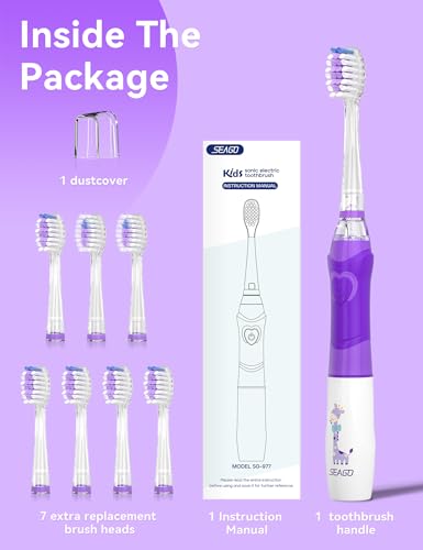 Seago Elektrische Zahnbürste Kinder ab 3-12 jahre Kinderzahnbürsten Elektrisch mit Farbigem Licht Smart Timer 8 Weich Bürstenköpfes Wasserdicht Baby Schallzahnbürste SG977 (Violett-8) – Bild 7