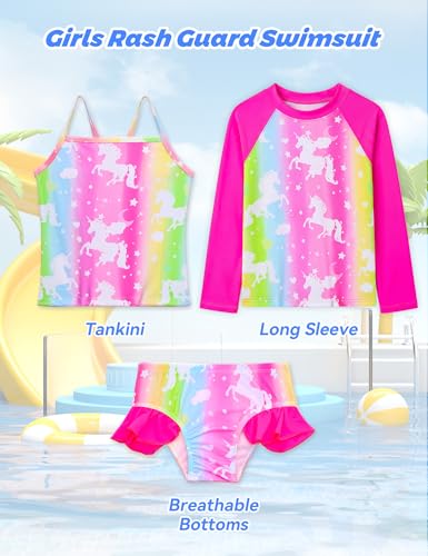 Image of Girls Rash Guard Swimsuit 3 Pieces Long Sleeve UPF50+ Quick Dry Bathing Suit for Toddler 3-12Y