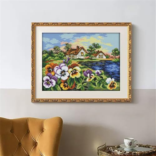 Image of JOYSEWING Kitchen Table Stamped Cross Stitch, Counting Cross Stitch Kit for Adult,Embroidery Kits for Beginners DIY Home Decor --Pre Printed 11CT Patterns (The Hometown of Pansy 18.11 x14.57 inch)