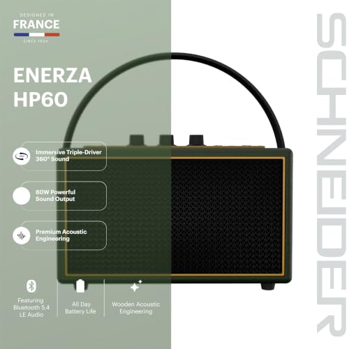 Image of Schneider ENERZA HP60 Wireless Portable Home Audio Speaker | 60W Triple-Driver 360 Sound | Wooden Acoustic Enclosure with Bluetooth 5.4 IPX4 Splashproof | Vintage Classic Design - Jade