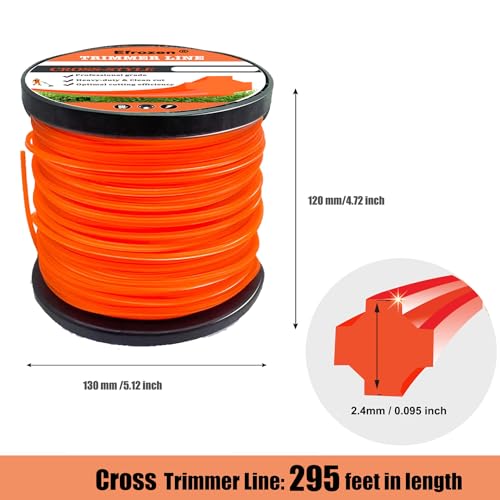 efrozen Weed Eater String,0.095" Cross Heavy Duty String Trimmer Line 295ft in Spool,Premium Nylon Universal Replacement Professional Weed Wacker String, Orange