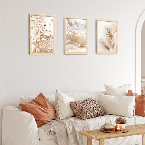 3 Pcs Framed Canvas Wall Art Beige Dandelion Pampas Grass Sage Canvas Prints Coastal Beach Landscape Pictures for Living Room Bedroom Kitchen Hallway Wall Decor 90x40cm(12"x16"x3pcs) (No Plexiglass) - Image 4