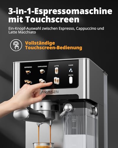 Espressomaschine Siebträgermaschine 20 Bar mit Automatischer Milchaufschäumer, Cappuccino & Latte Kaffeemaschine, Dual Boiler (1350W & 1000W), 15S Extraktion, Edelstahl, 1.8L Wassertank, Touchscreen – Bild 8