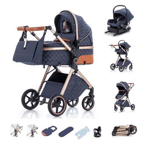 Kakbgee Cochecito 3 en 1 con Silla de Coche, Carrito bebé Plegable, Manillar 7 Alturas, Suspensión 4 Ruedas, Funda de Lluvia y Mosquitera, Sistema de Viaje para Recién Nacidos 0-3 Años (15kg), Azul
