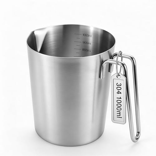Messbecher Edelstahl 1L mit Feinskala 304 Edelstahlmessbecher mit Griff und Rundumschüttrand Messkanne Milk Pitcher Spülmaschinengeeignet für Haushalt Küche Restaurant Bar Teeladen Café