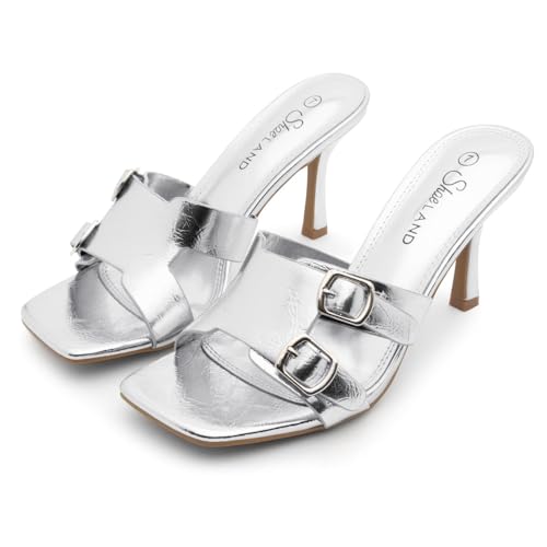 Image of Shoe Land Melrose Women's High Heels Stiletto Heeled Slides, Square Open Toe One Band Slip-On Heeled Mules - Dressy Clear Heeled Sandals for Prom Party Wedding and Vacation