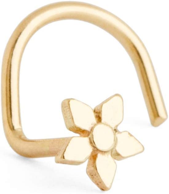 14k Gold Flower Nose Stud Piercing, Real Solid Yellow Gold Tiny Cute Indian Minimalist Dainty Handmade Tribal Boho Nature Inspired Jewelry, Screw/L Shaped Bend, 20g/22g
