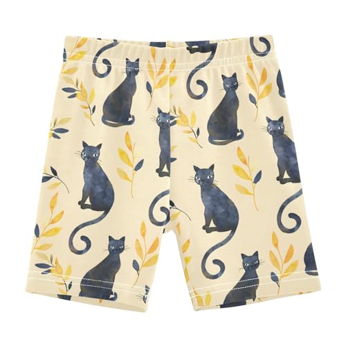Watercolor Black Cat and Leaf Girls Shorts Elastic Waist Sports Shorts Girls Leggings Pants for 4-10 Years