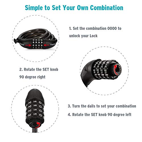 Titanker Bike Lock, 4 Feet Security Resettable Combination Coiling Bike Cable Locks With Mounting Bracket, 1/2 Inch Diameter (Pink) #TOP2