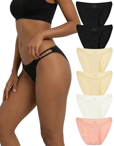 Image of INNERSY Women's Knickers High Cut Leg Briefs Ladies Tanga Panties Microfibre Underwear Pack of 6 (12, 2 Black/1 White/2 Beige/1 Pink)