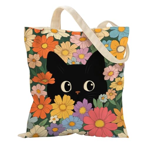 Komergave Bolsa de tela estampada Aesthetic con diseño de gatos negros, bolsa de la compra con cierre de botón a presión y bolsillo interior, bolsa de transporte para gatos, regalos, bolsa de lona