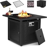 Gas Feuerstelle, Feuerstelle inkl. Wasserfeste Schutzhülle, Lavasteinen, Tischplatte & Funkenschutz,72.5 * 72.5 * 67.5 cm,14,5 kW, 28 Zoll Gaskamin Outdoor, Automatische Zündung, Esstisch & Heizung