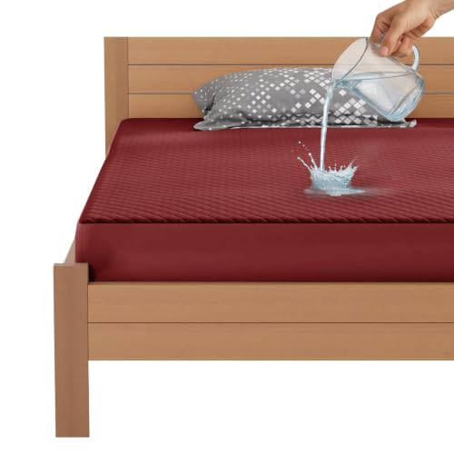 Image of Lukzer 100% Waterproof Quilted Mattress Protector Maroon Queen Size 72 x 60 Inches (6 x 5 ft) Cotton-Feel Bed Protector Soft Noiseless Hypoallergenic Breathable Elastic Fitted Mattress Cover /Bed Cover