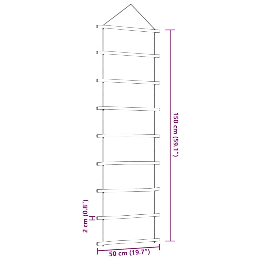 Dekoracja ścienna w kształcie drabiny z naturalnego drewna 50 x 150 cm z 9 gałązkami liny konopnej, rustykalny urok, do wnętrz, wszechstronna jako wioska bożonarodzeniowa, miniaturowa wioska i