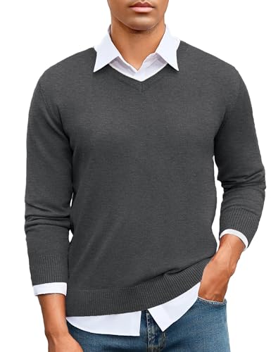 iClosam Men's V Neck Sweater Long Sleeve Knit Sweater Men Cotton Work Sweater, dark grey, S