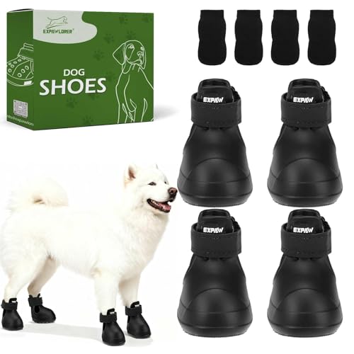 EXPAWLORER Dog Shoes for Hot Pavement Small Medium Large Dogs, Waterproof Non-Slip Dog Summer Booties with Socks, Easy On & Off Pet Boots & Paw Protectors, Easy-Clean for Beach Outdoor Rain (L Black)