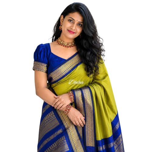 Image of DHIHA Gadwal Cotton Saree for Women | Pure Kalyani Cotton Saree with Zari Border Tassels & Blouse | Kanjivaram Linen Silk | Handloom Weave