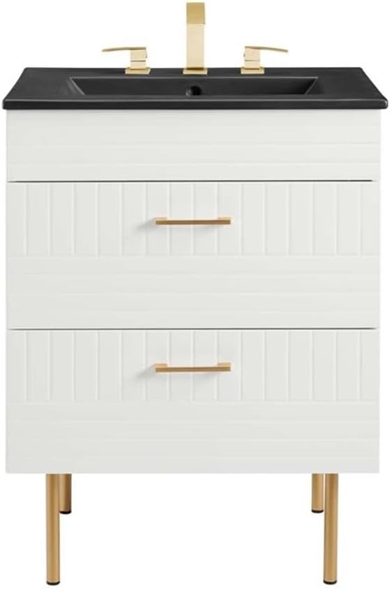 Pemberly Row 24" Bathroom Vanity, Rubberwood MDF Particleboard, White and Black Finish, Ceramic Sink with Integrated Countertop, Gold Metal Hardware, Spacious Storage Drawers for Modern Bathroom Use