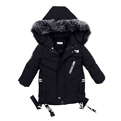 LSERVER Enfant Garçon Veste d'hiver Chaud Manteau Mi Longue Doudoune à Capuche Fourrure Jacket, Noir, 3 Ans / 100