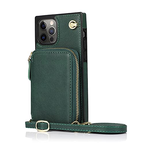 Coque portefeuille iPhone 13 vert foncé avec porte-carte et fermeture à glissière