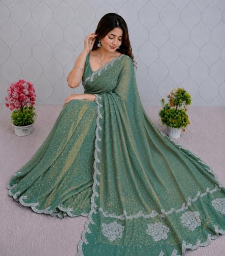 Image of Chiffon Satin Saree for Women with C Pallu PP Siroski Diamond Work, Cutwork Border & Matching Blouse Saree for Wedding, Festive and Traditional Occasions