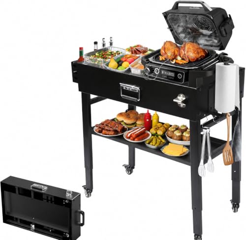 Hisencn Portable Outdoor Grill Table for Blackstone 43cm&56cm Griddle Foldable Griddle Stand Lagre Space Grill Cart for Ninja Weber Onni Portable Grills Camping BBQ Prep Cart with Caddy Black