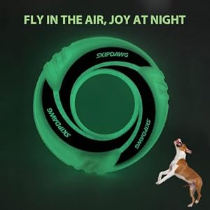 SKIPDAWG Dog Glow Tug Toy, Flying Disc Dog Toy Light Weight TPR/Nylon Fabric Non-Toxic Material, Pet Training Toys/Outdoor Night Exercise Toys for Dogs, Diameter 9 Inches SKIPDAWG Dog Glow Tug Toy, Flying Disc Dog Toy Light Weight TPR/Nylon Fabric Non-Toxic Material, Pet Training Toys/Outdoor Night Exercise Toys for Dogs, Diameter 9 Inches