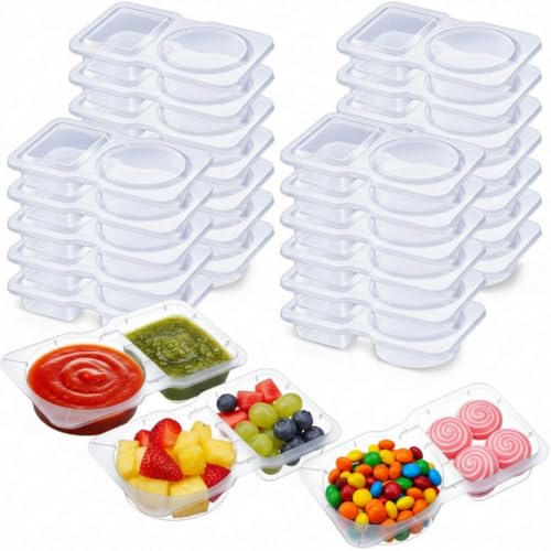 Blushtier 25 Pcs Pack Snack Containers with Lids, 5 oz Double Compartment Plastic Food Containers, Portable Divided Snack Cups for School, Office, Meal Prep, Sauces, Dips, On-the-go Camping (Clear)