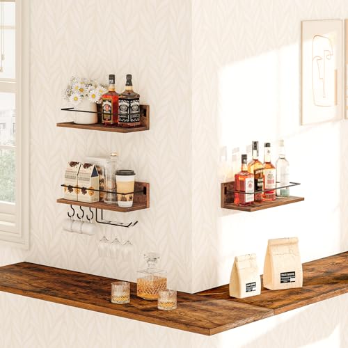 Image of HOOBRO Wall Mounted Wine Rack 3 Pack, Wine Shelf Hanging Floating Wall Shelves, Wine Glass Bottle Rack Stemware Holder, for Living Room, Dining Room, Kitchen, Rustic Brown and Black BF33BJ01