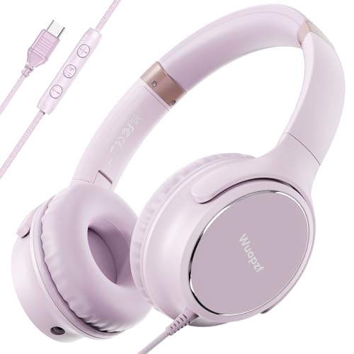 Wuopzf Casque audio filaire USB C avec microphone, contrôle du volume, port de partage et bandeau réglable, casque stéréo pliable pour iPhone 16, Samsung,...